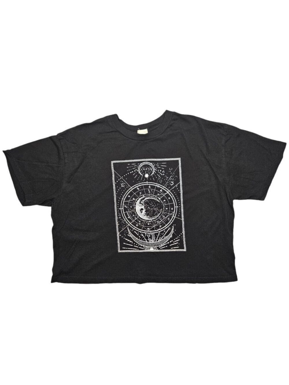 5/$25 Crop Top for Teens Womens Small Black with Sun Moon and Stars Logo Garage